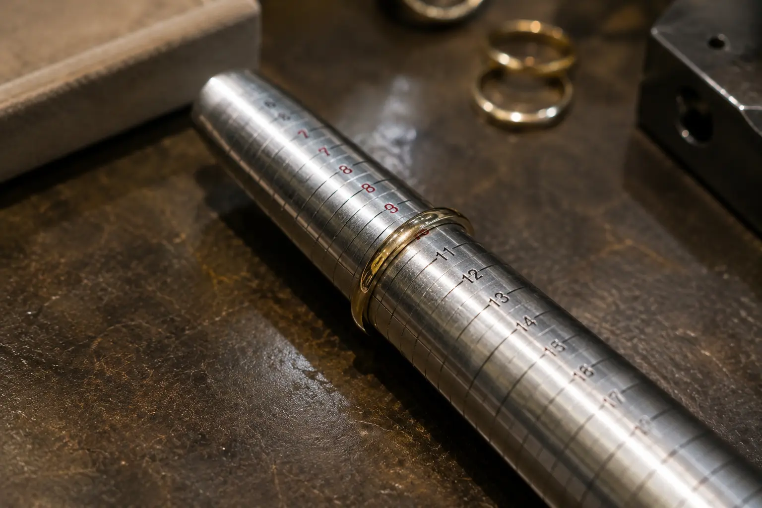 Jeweller using a ring mandrel sizing tool to measure a gold ring — professional ring size circumference measurement